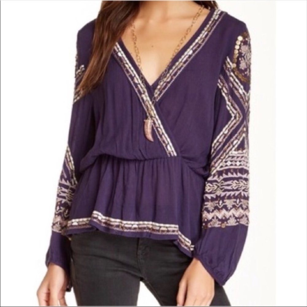 FREE PEOPLE Boho Embroidered Bishop Sleeve Blouse